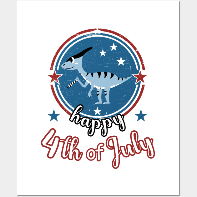 Happy 4th of July with Cute Dinosaur For Kids Wall Art by Cute Pets Graphically